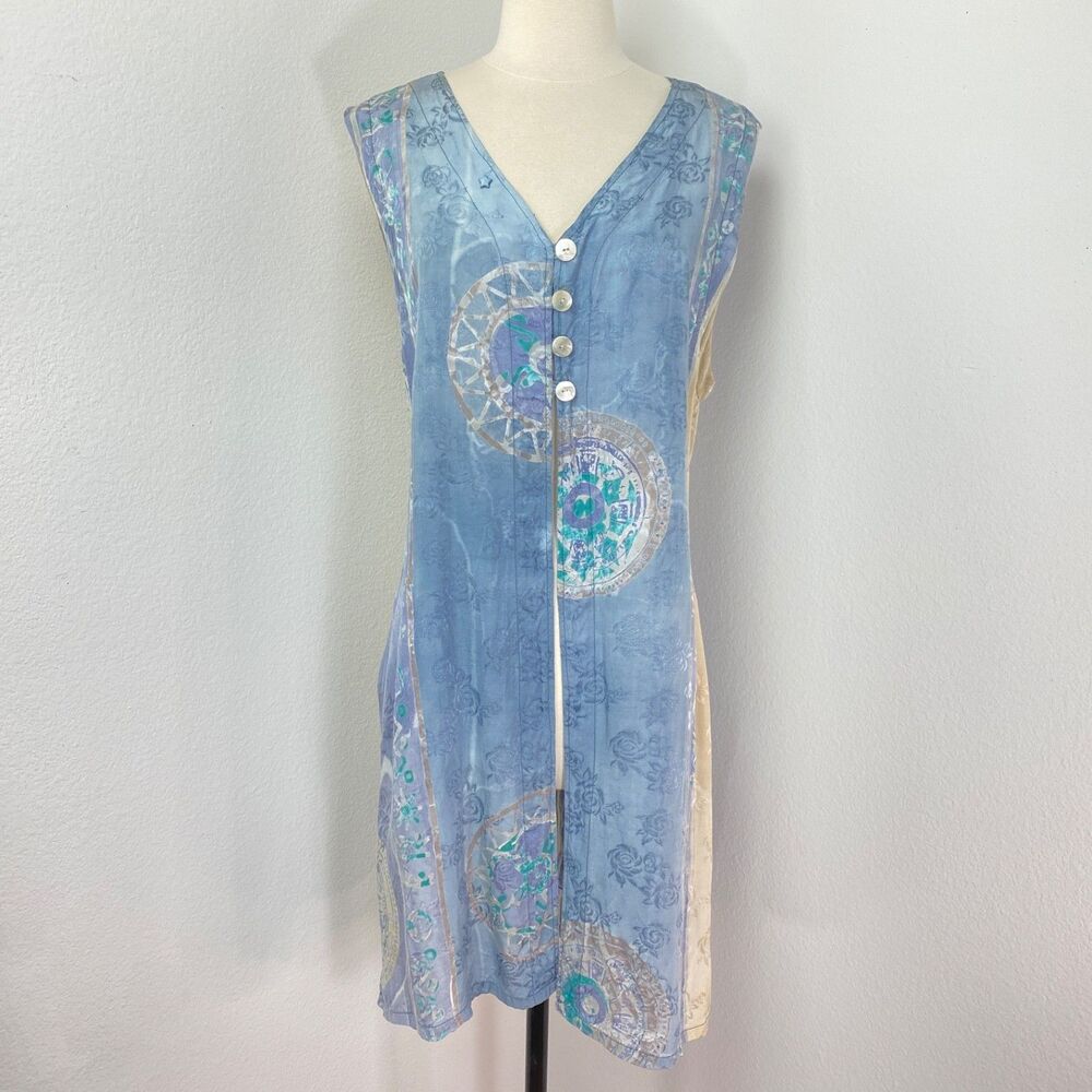 Bali Moon Blue Duster Large Rayon Midi Shell Buttons Boho Lagenlook Gypsy Whimsy